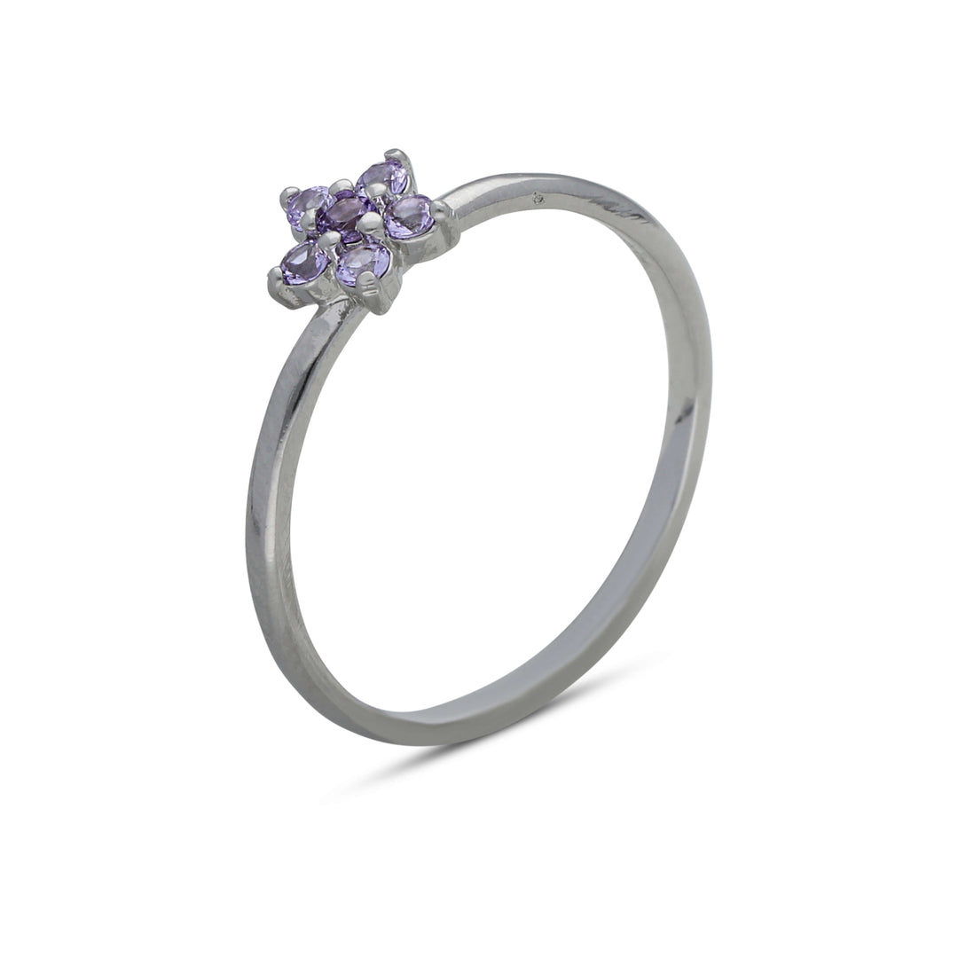 טבעת פרח יחיד משובצת אבני קריסטל בצבעי סגול