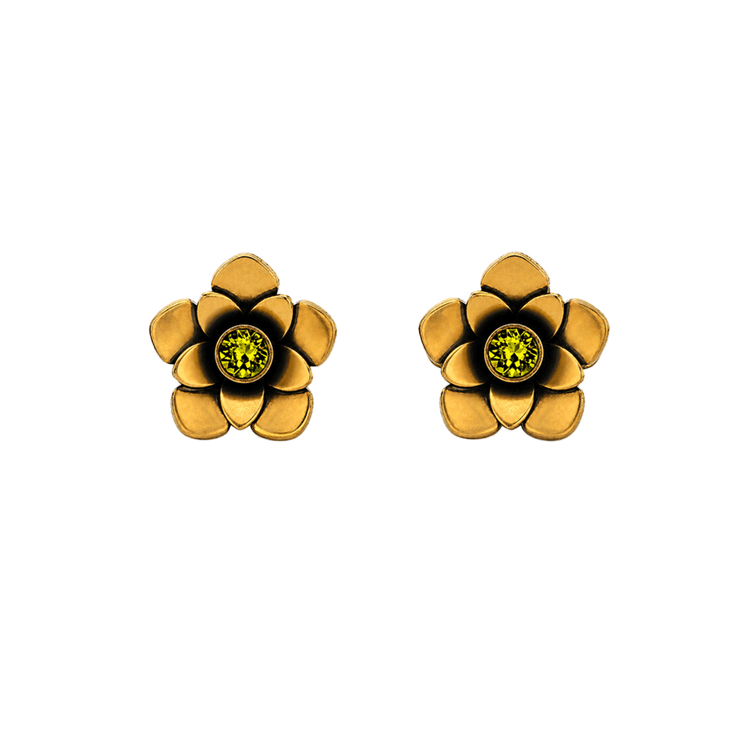 23K Gold Plated Flower Stud Earrings with Green Swarovski Crystals - Bloom