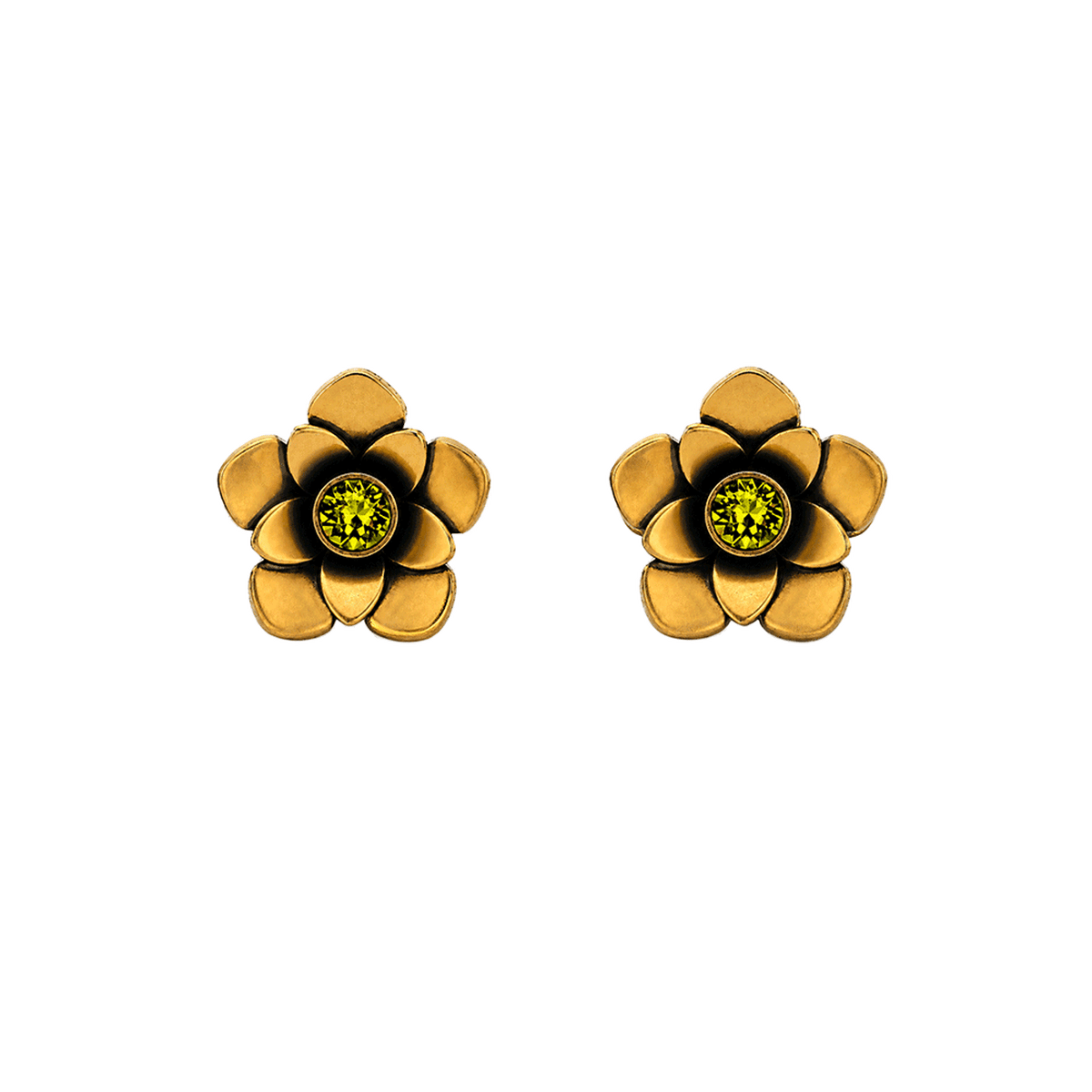 23K Gold Plated Flower Stud Earrings with Green Swarovski Crystals - Bloom