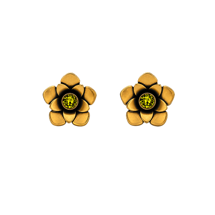 23K Gold Plated Flower Stud Earrings with Green Swarovski Crystals - Bloom