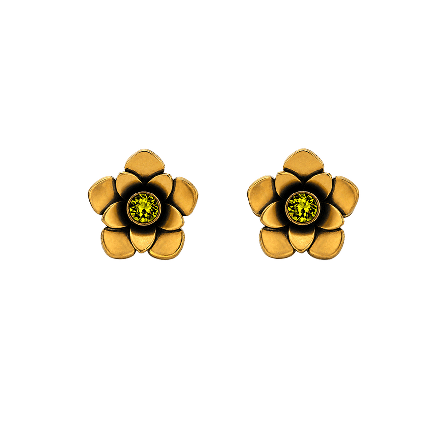 23K Gold Plated Flower Stud Earrings with Green Swarovski Crystals - Bloom