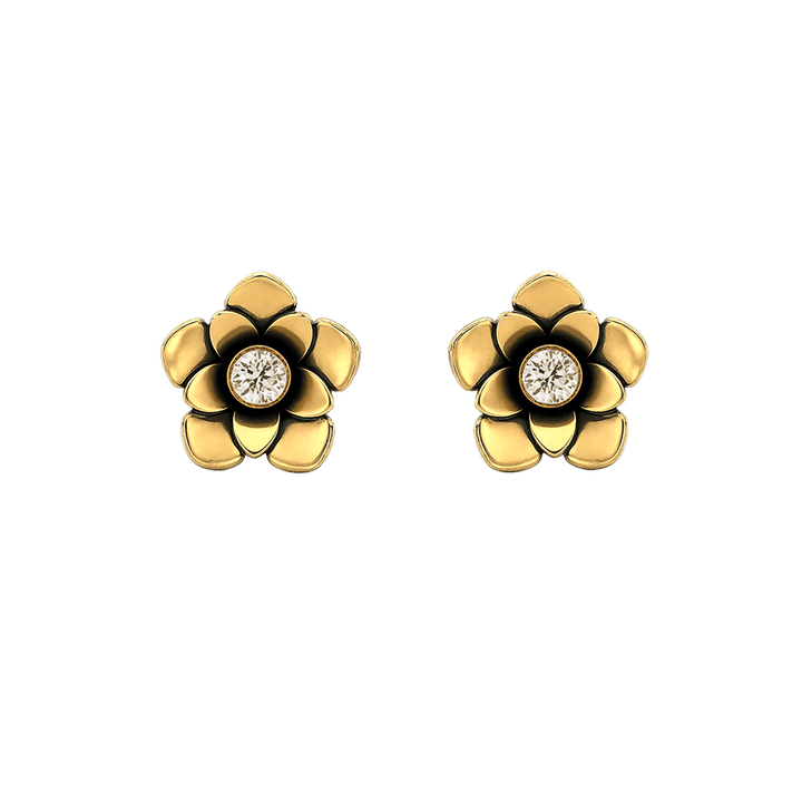 23K Gold Plated Flower Stud Earrings with Clear Swarovski Crystals - Bloom