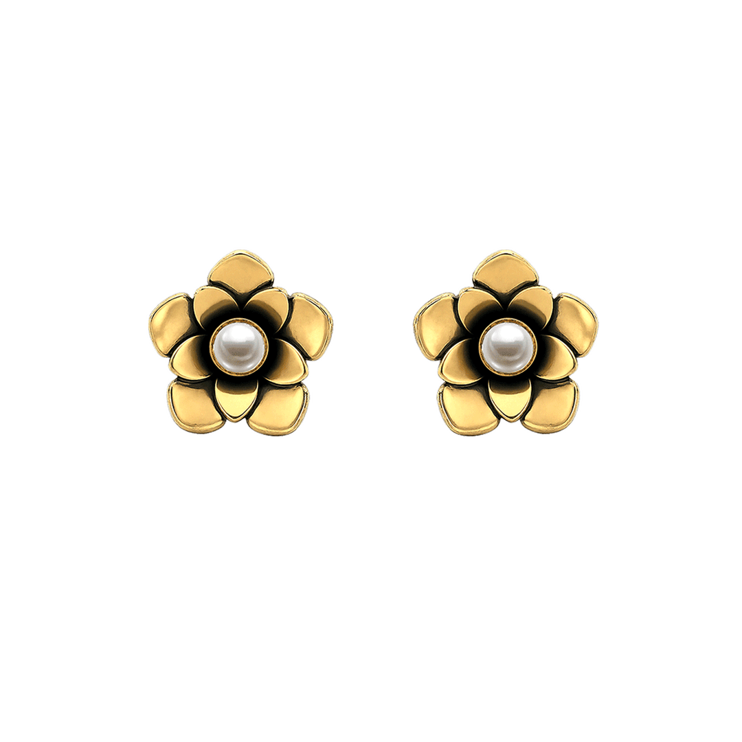 23K Gold Plated Flower Stud Earrings with Pearl - Bloom