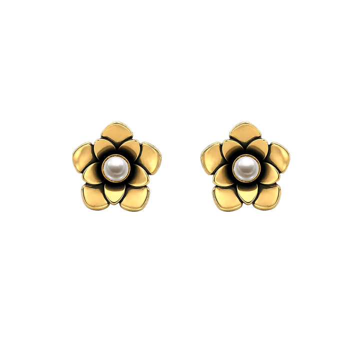 23K Gold Plated Flower Stud Earrings with Pearl - Bloom