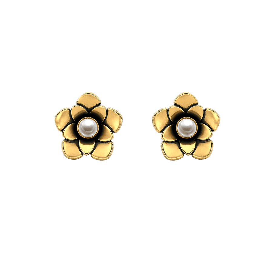 23K Gold Plated Flower Stud Earrings with Pearl - Bloom