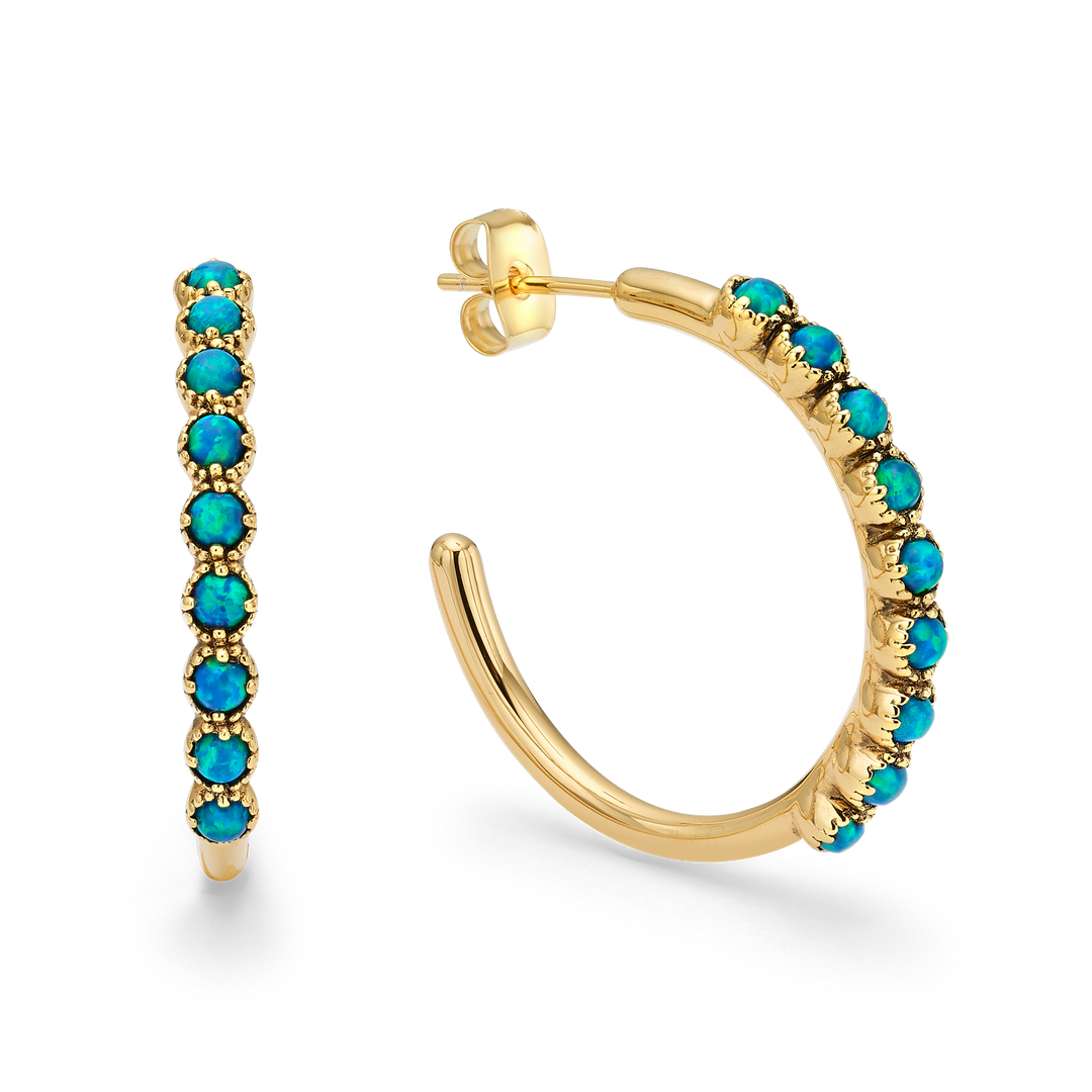18K Gold Plated Hoop Earrings with Turquoise Lab-Created Opal - Botanic - 3
