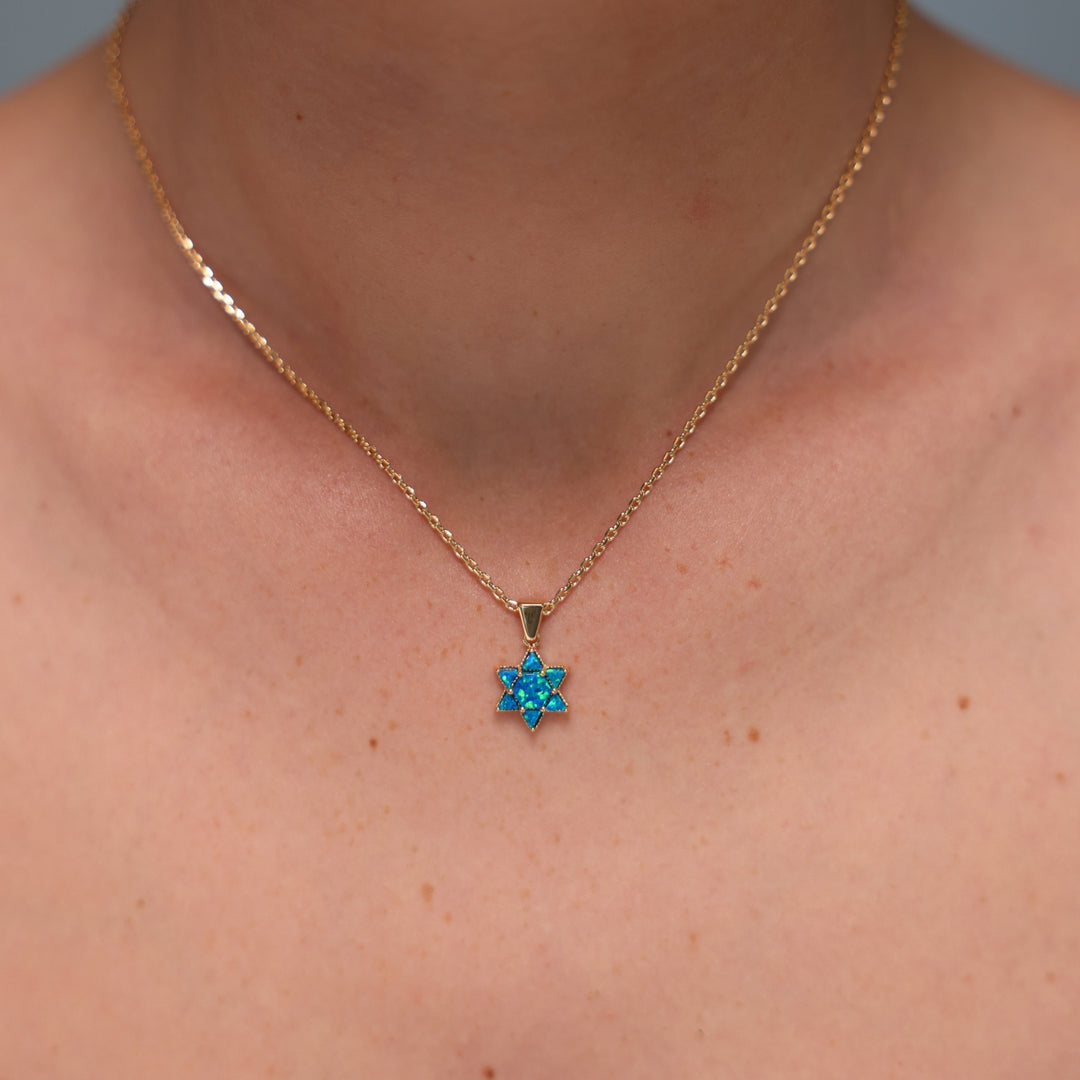 18K Gold Plated Star of David Necklace with Lab Opal Stones - 3