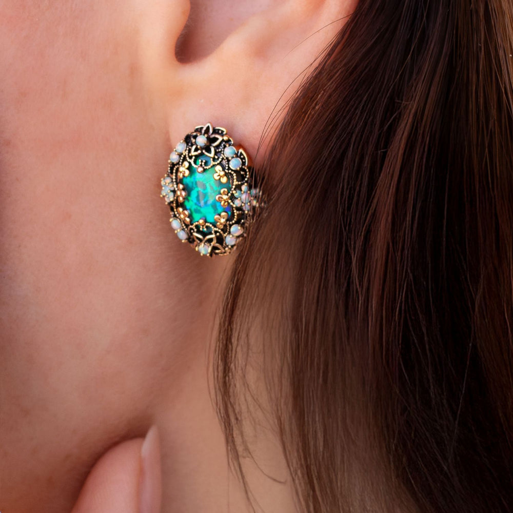 18K Gold Plated Drop Oval Earring with Synthetic Opal - Heritage - 2