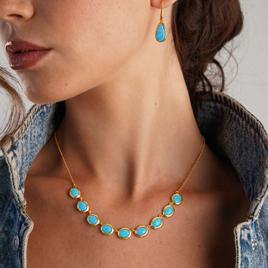 18K/24K Gold Plated Necklace with Mixed Sky Blue Synthetic Opal - Mare - 3