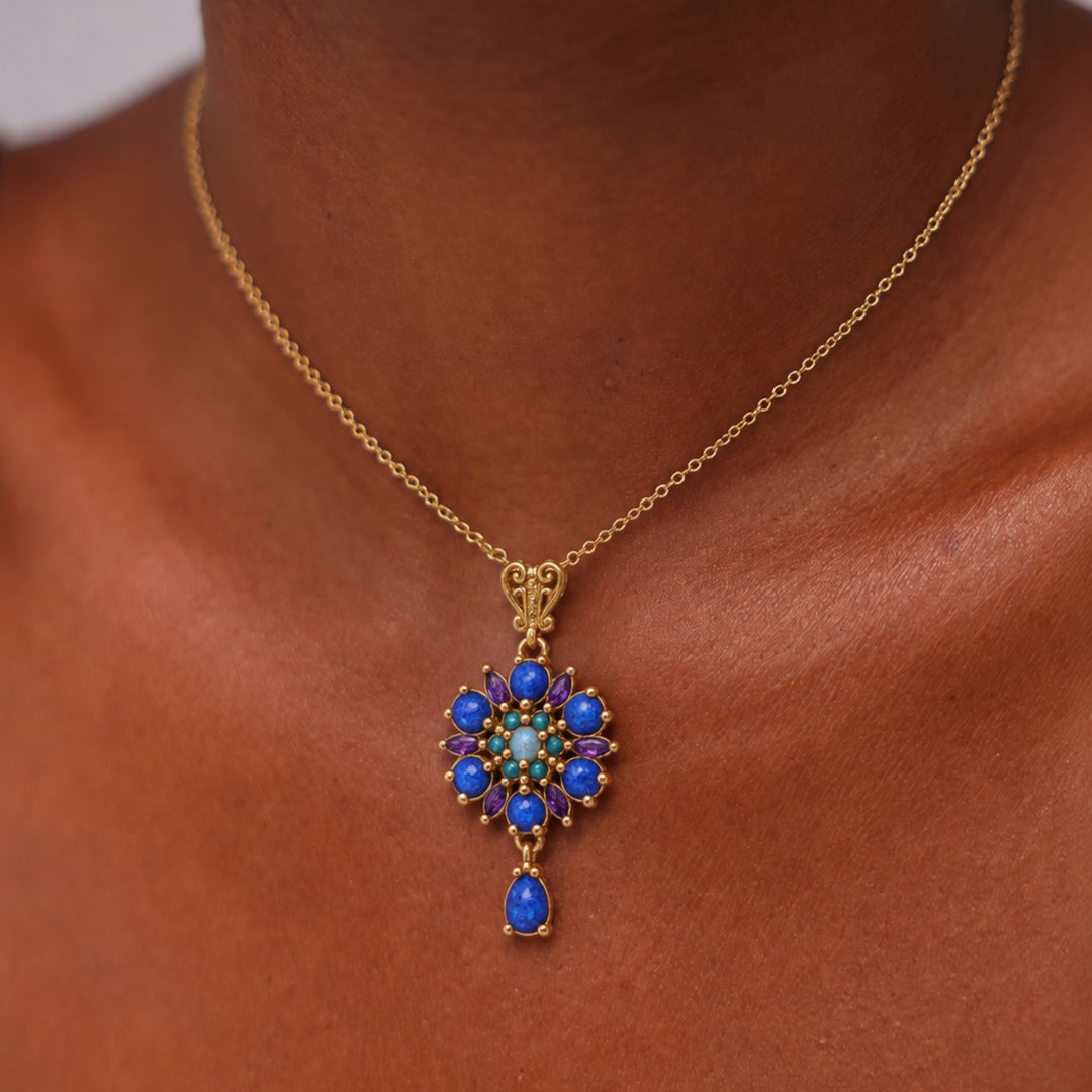 24K Gold Plated Flower Necklace with Blue-Purple Lab-Created Opal - Heritage - 2