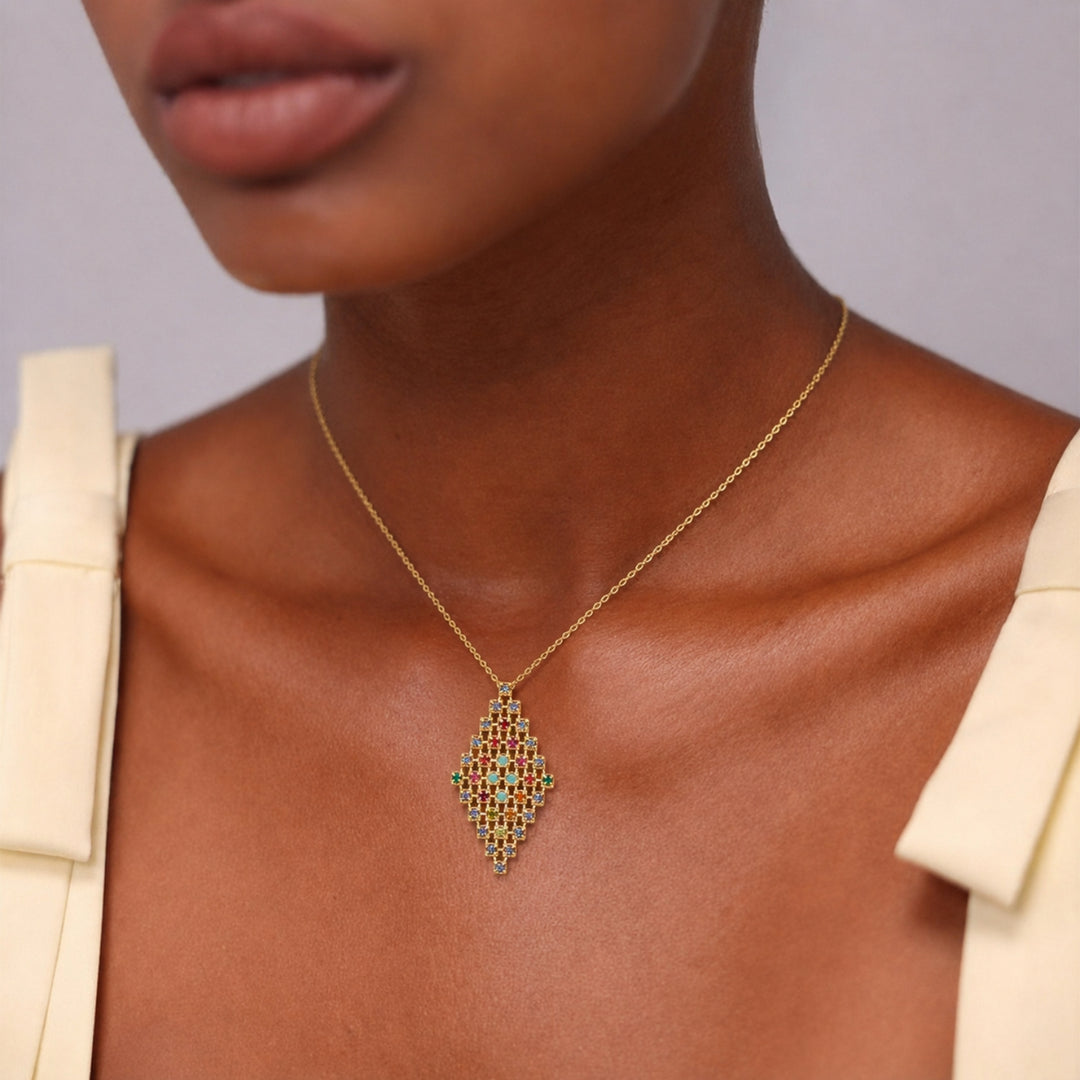 18K Gold Plated Necklace with Diamond-Shape Pendant &amp; Multicolor Zirconia - Volver - 2