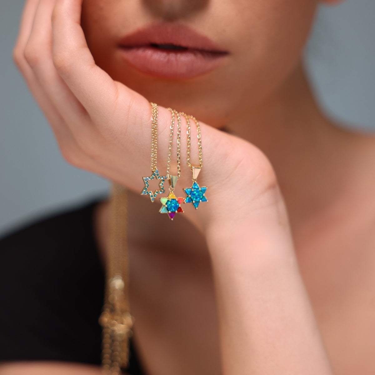 18K Gold Plated Star of David Necklace with Lab-Created Opal - 2