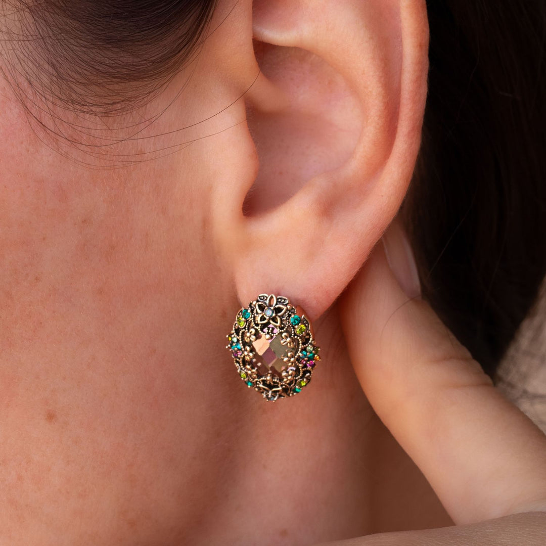 Heritage 18K Gold Plated Oval Dangle Earring with Colorful Zircons