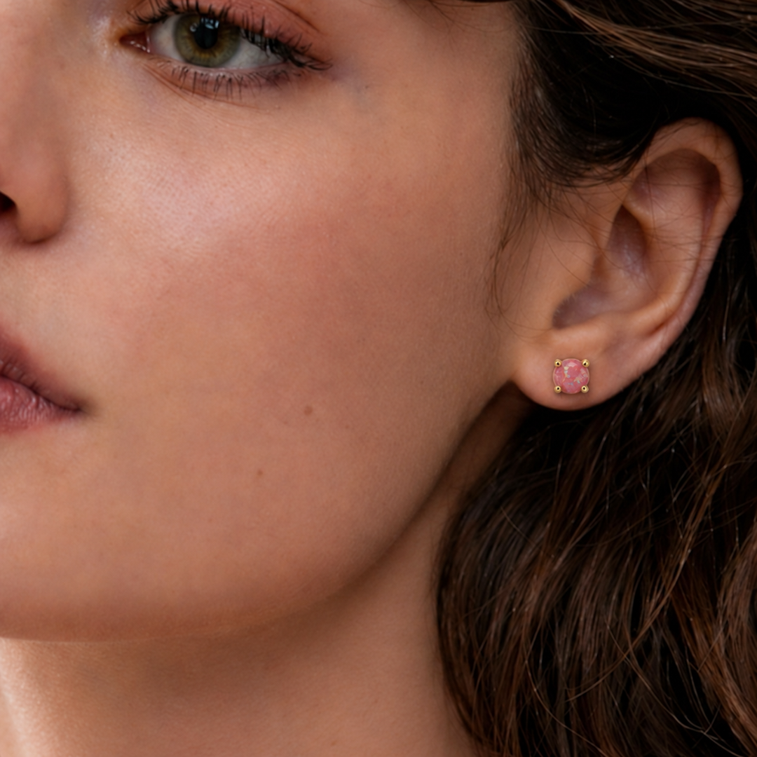 18K Gold Plated Stud Earrings with Pink Lab-Created Opal - Botanic - 5