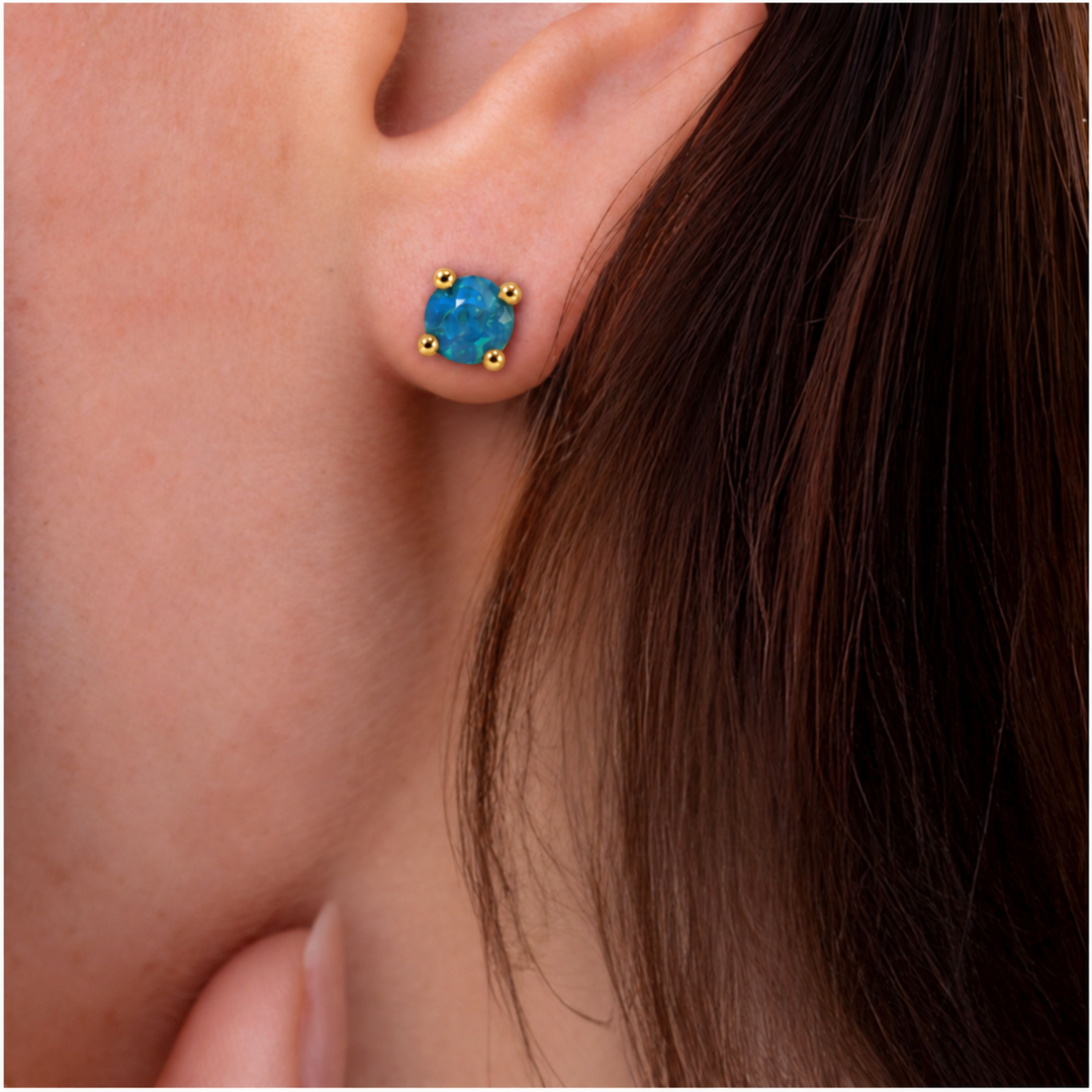 18K Gold Plated Stud Earrings with Turquoise Lab-Created Opal - Botanic - 4