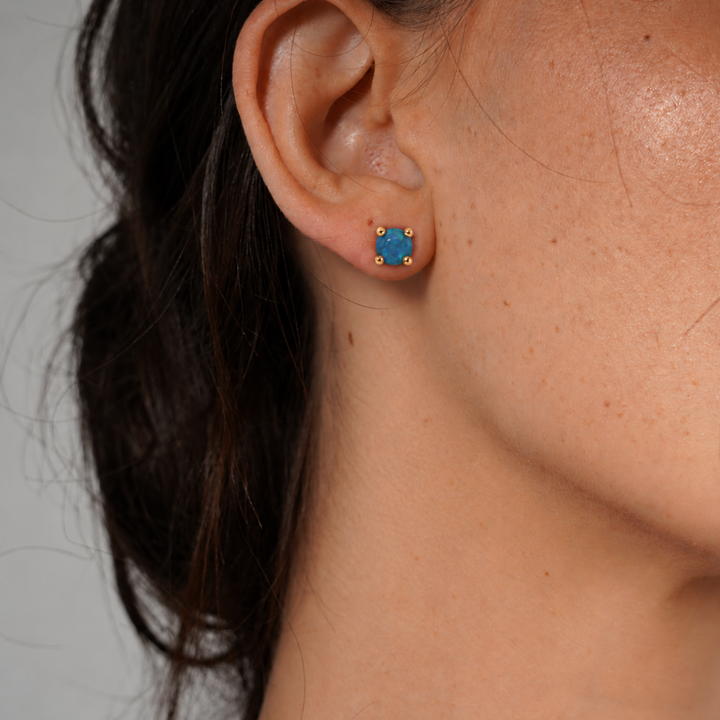 18K Gold Plated Stud Earrings with Turquoise Lab-Created Opal - Botanic - 3