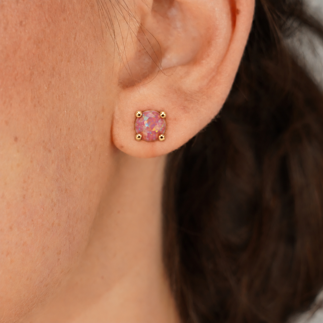 18K Gold Plated Stud Earrings with Pink Lab-Created Opal - Botanic - 2