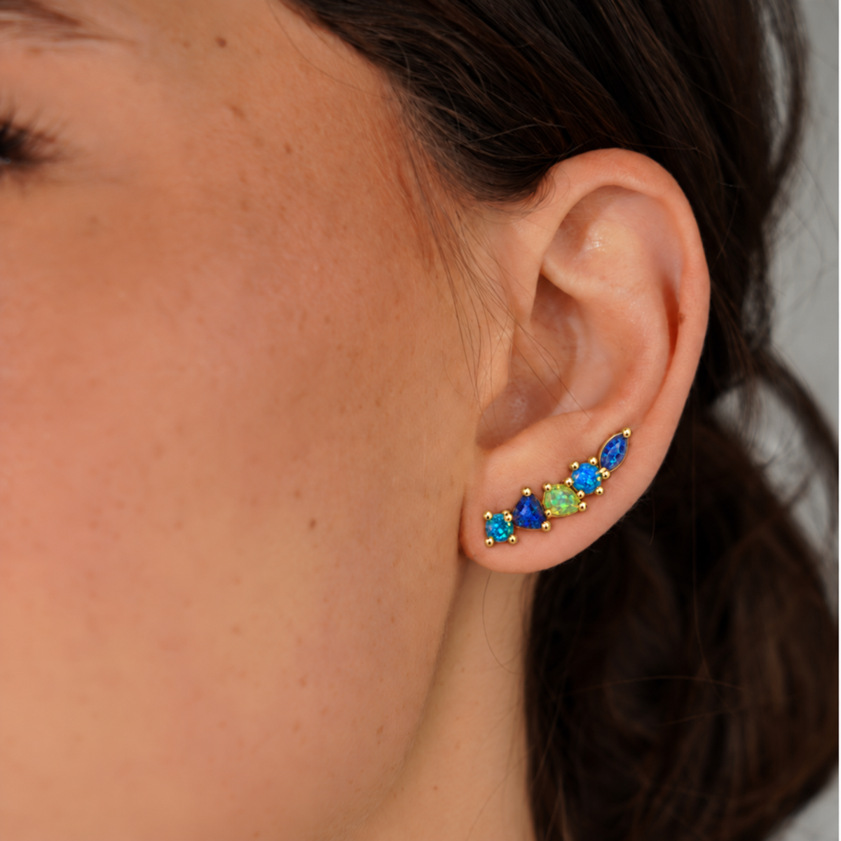 18K Gold Plated Climber Earrings with Turquoise Lab-Created Opal - Botanic - 3