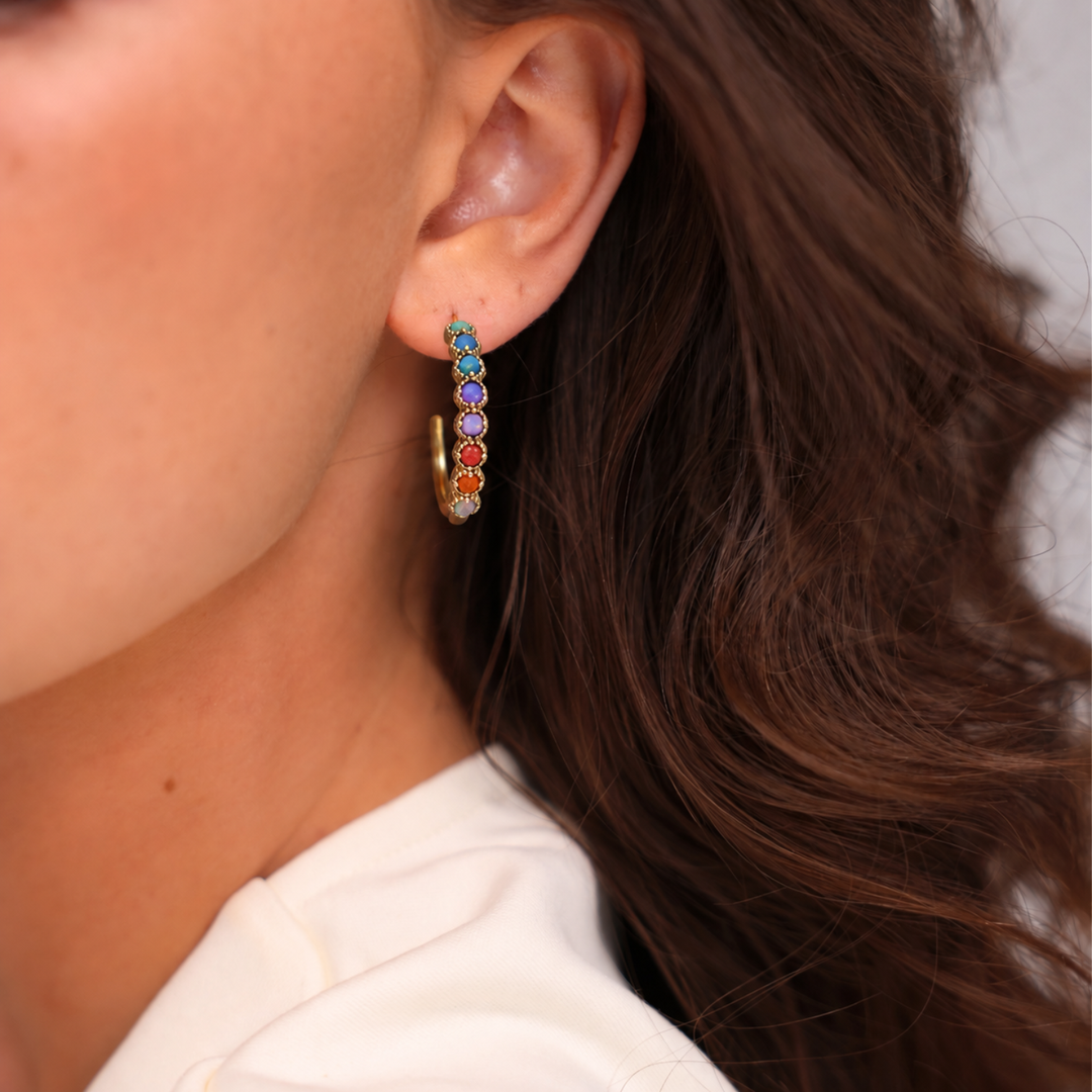 18K Gold Plated Hoop Earring with Lab-Created Opal - Botanic - 3