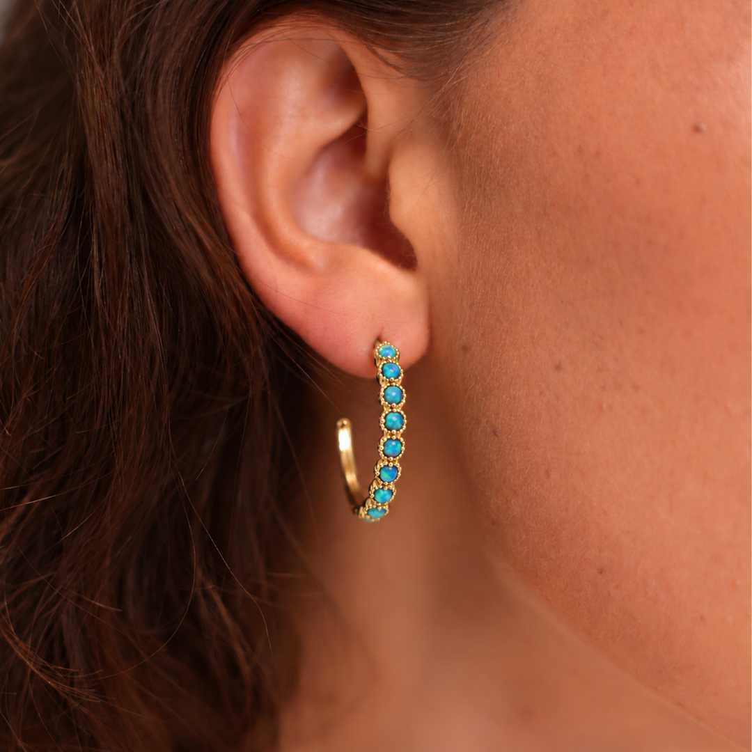 18K Gold Plated Hoop Earrings with Turquoise Lab-Created Opal - Botanic - 4