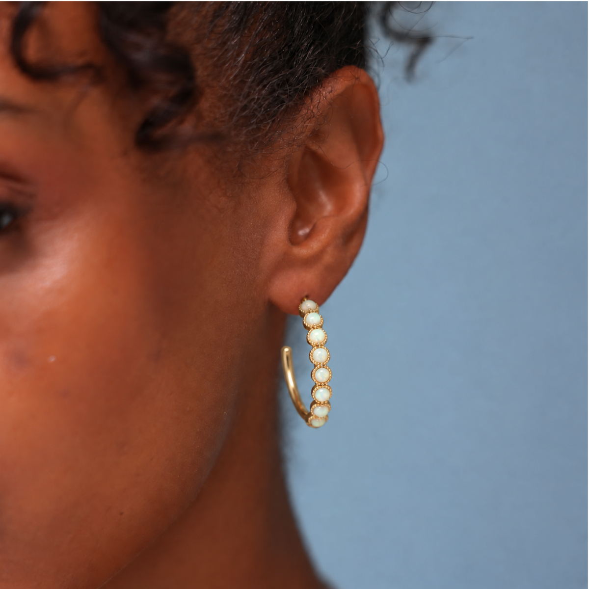 18K Gold Plated Hoop Earrings with Ivory Lab-Created Opal - Botanic - 3
