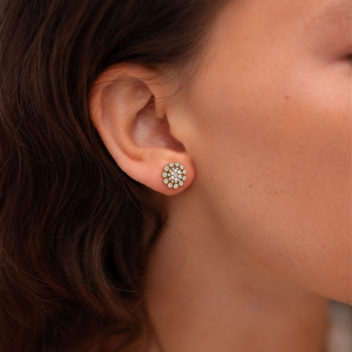 18K Vintage Gold Plated Flower Earrings with Clear Crystal - Élite - 3