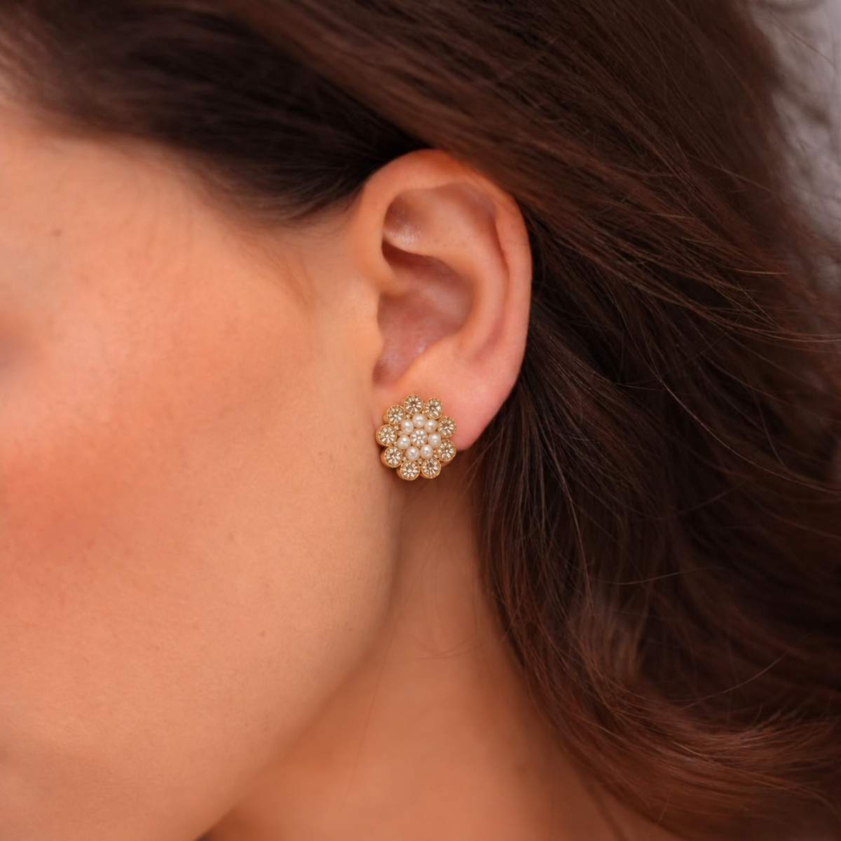 18K Gold Plated Flower Earrings with Clear Crystal - Élite - 3