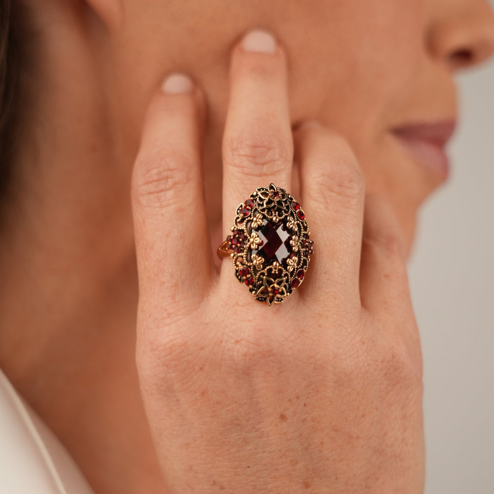 18K Gold Plated Ring with Red Zirconia L - Heritage - 2