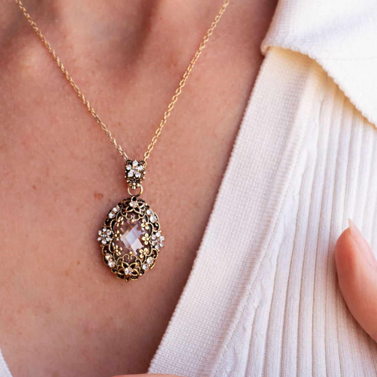 18K Gold Plated Necklace with Oval Clear Crystal Pendant L - Heritage - 3