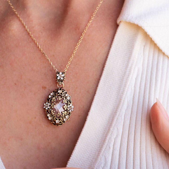 18K Gold Plated Necklace with Oval Clear Crystal Pendant L - Heritage - 3