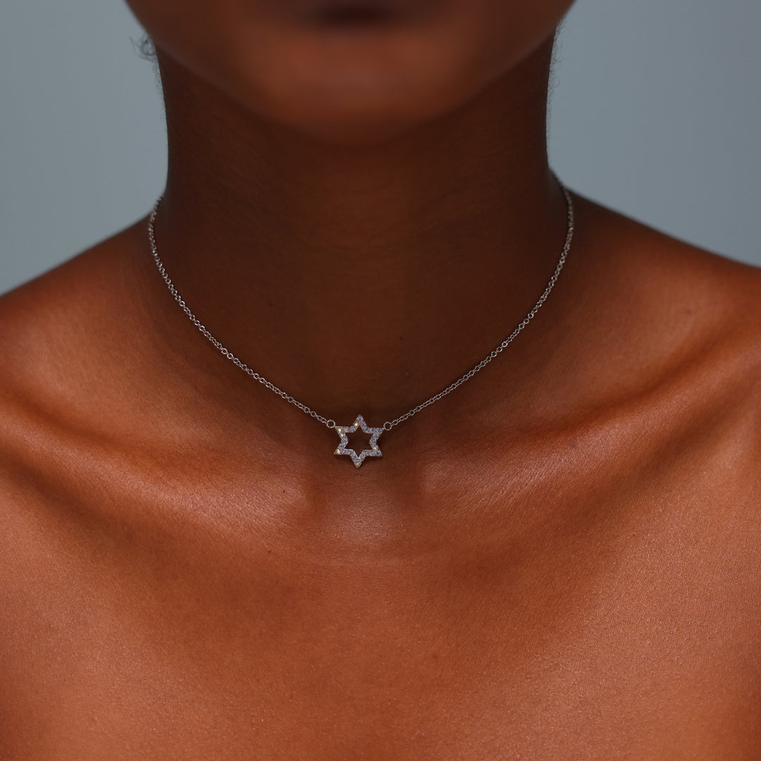 Rhodium Plated Star of David Necklace with Zirconia Stones - 2