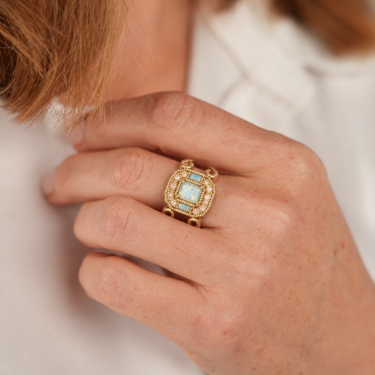 18K Vintage Gold Plated Rectangle Ring with Synthetic Opal - Volver - 3