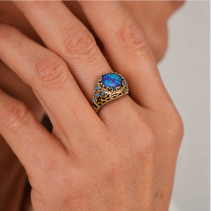 24K Gold Plated Ring with Blue Synthetic Opal - Heritage - 3