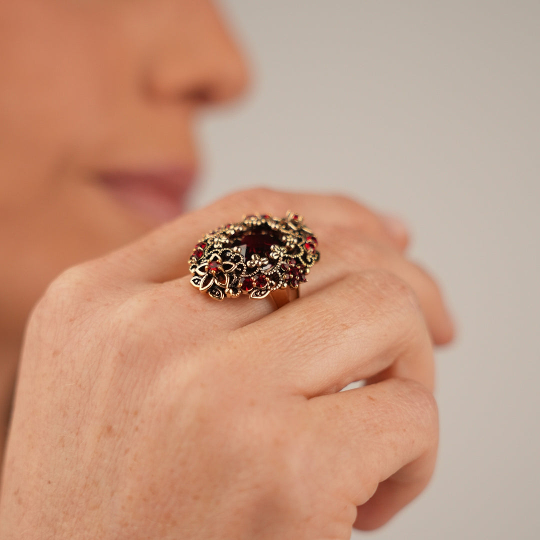18K Gold Plated Ring with Red Zirconia L - Heritage - 4
