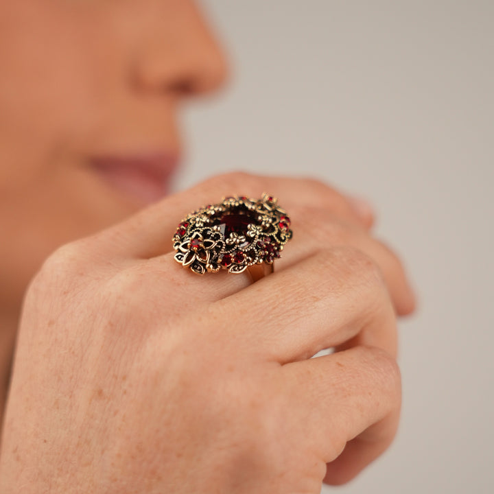 18K Gold Plated Ring with Red Zirconia L - Heritage - 4