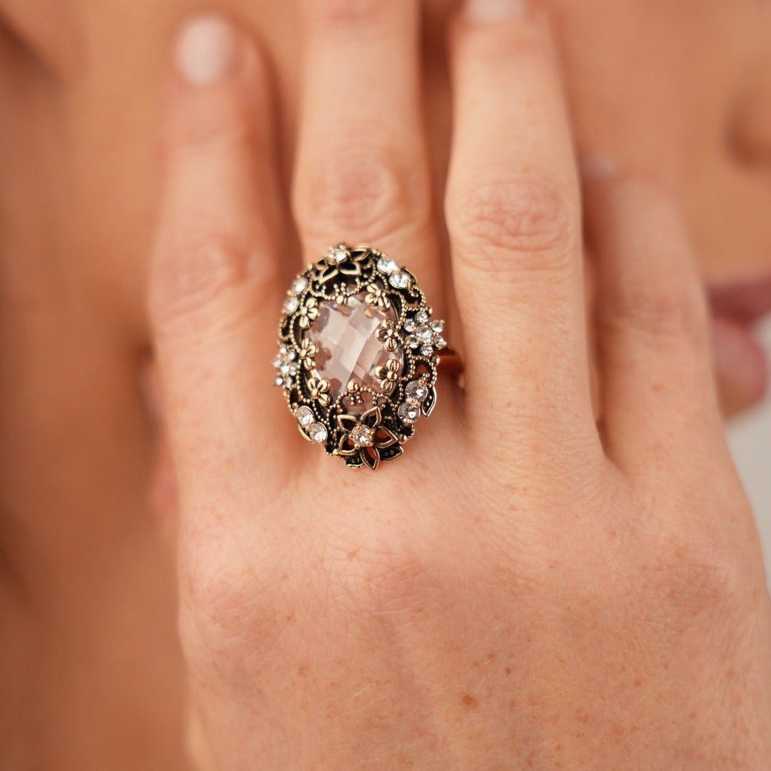 18K Gold Plated Ring with Clear Crystal L Heritage