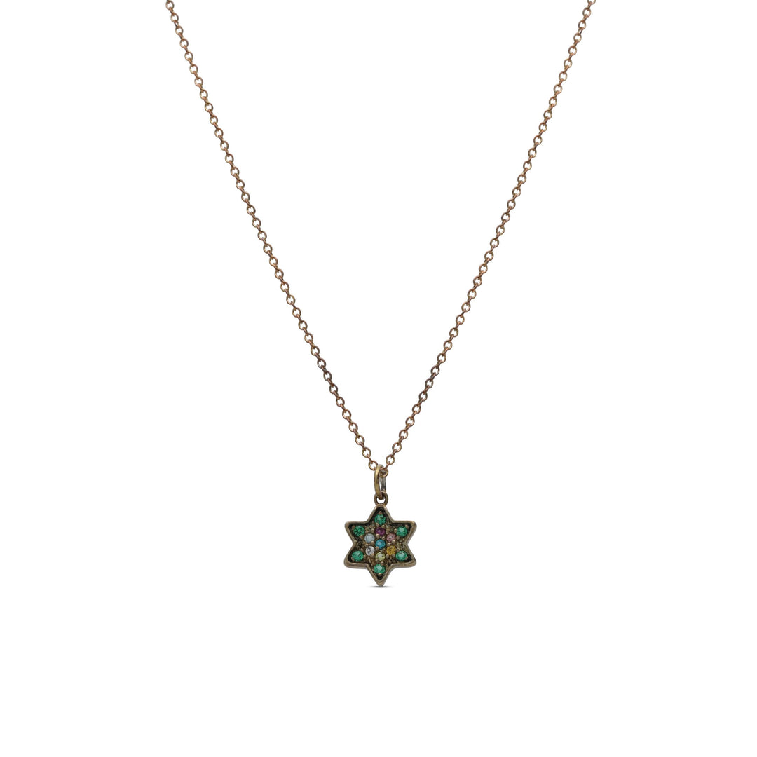 Star of David pendant necklace studded with colored crystal stones