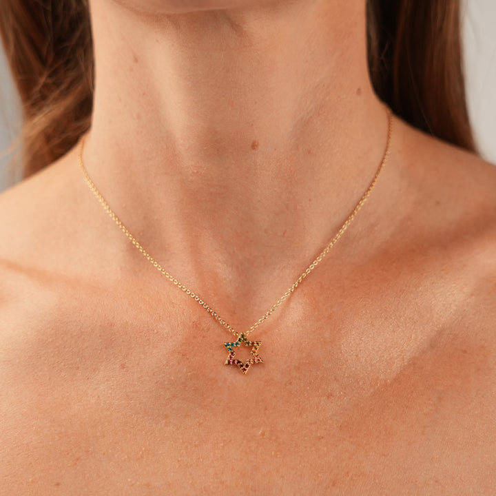 18K Gold Plated Star of David Necklace with Colorful Zirconia Stones - 3
