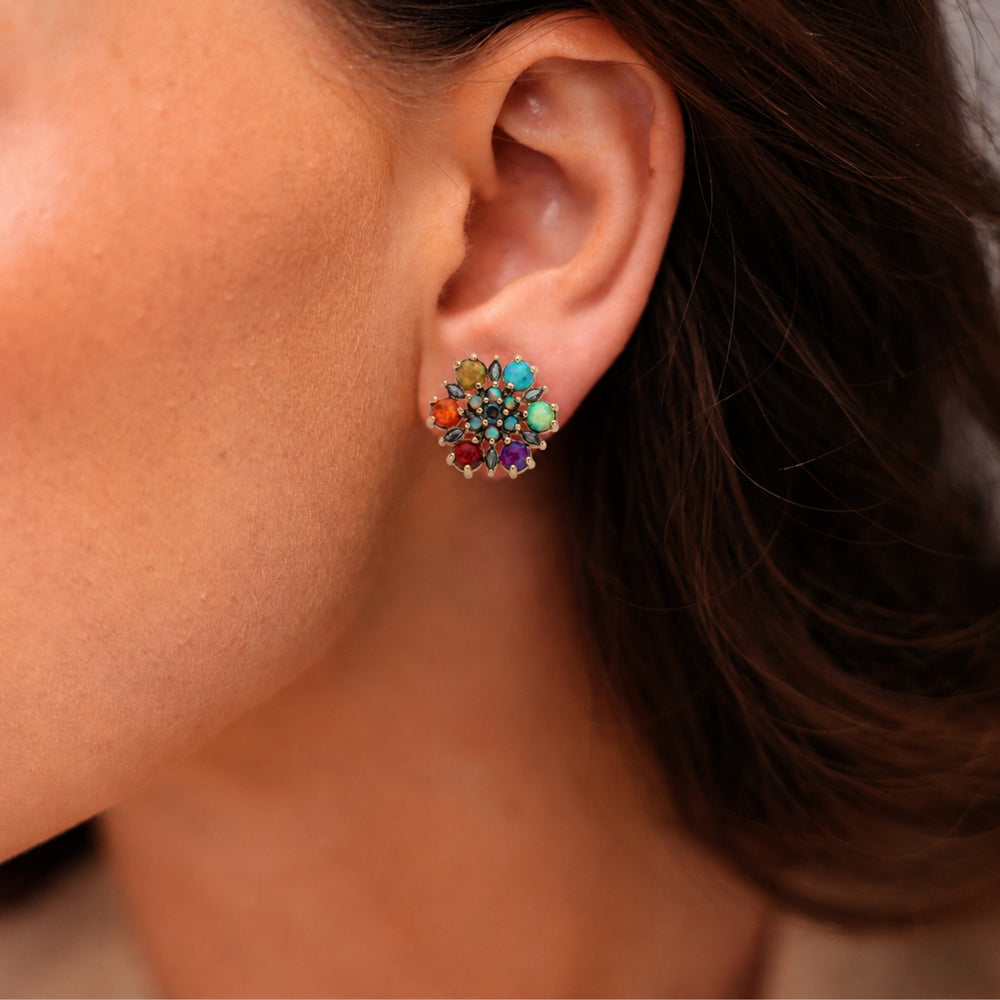 24K Gold Plated Flower Stud Earrings with Multicolor Lab-Created Opal - Heritage - 2