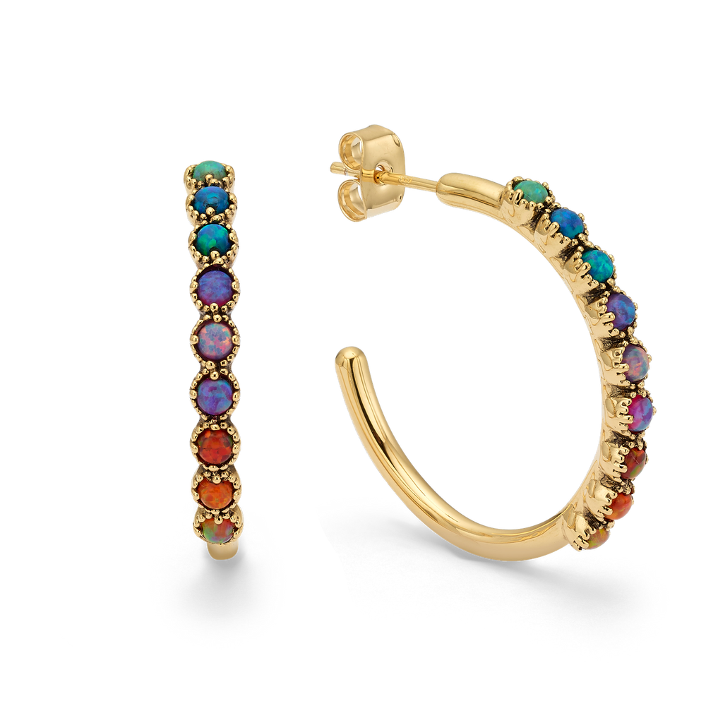 18K Gold Plated Hoop Earring with Lab-Created Opal - Botanic - 2
