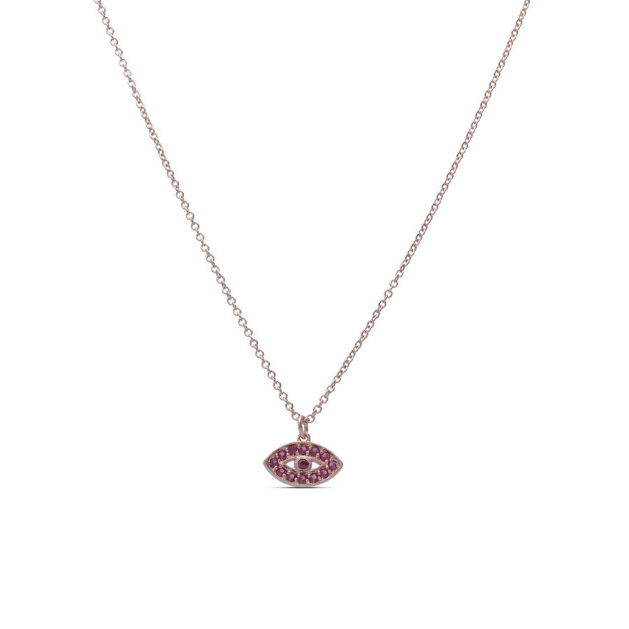 Eye Tova necklace studded with ruby colored crystal stones