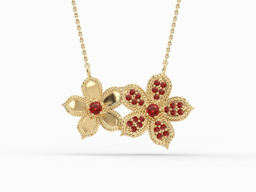 Double Ivanka pendant with gold chain - inlaid with ruby stones