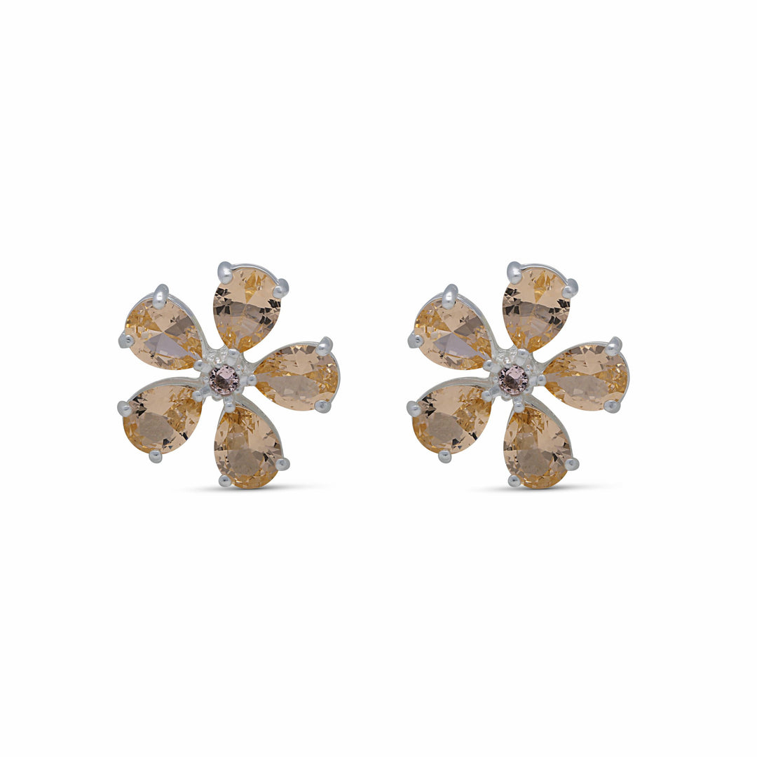 Stud earrings with a wish flower studded with champagne-colored crystal stones