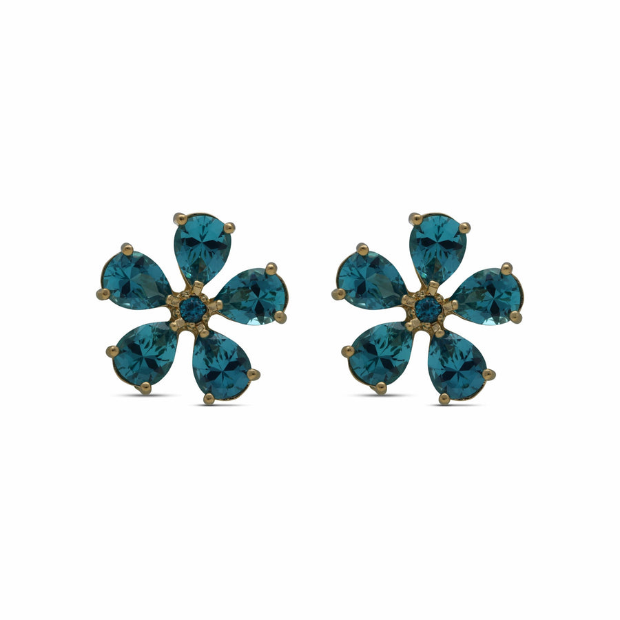 Close-up earrings flower of wishes embedded with turquoise crystal stones