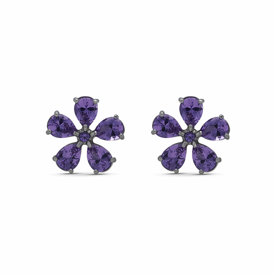 Stud earrings with a flower of wishes inlaid with purple crystal stones