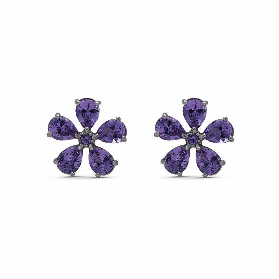 Close-up earrings with a flower of wishes inlaid with purple crystal stones