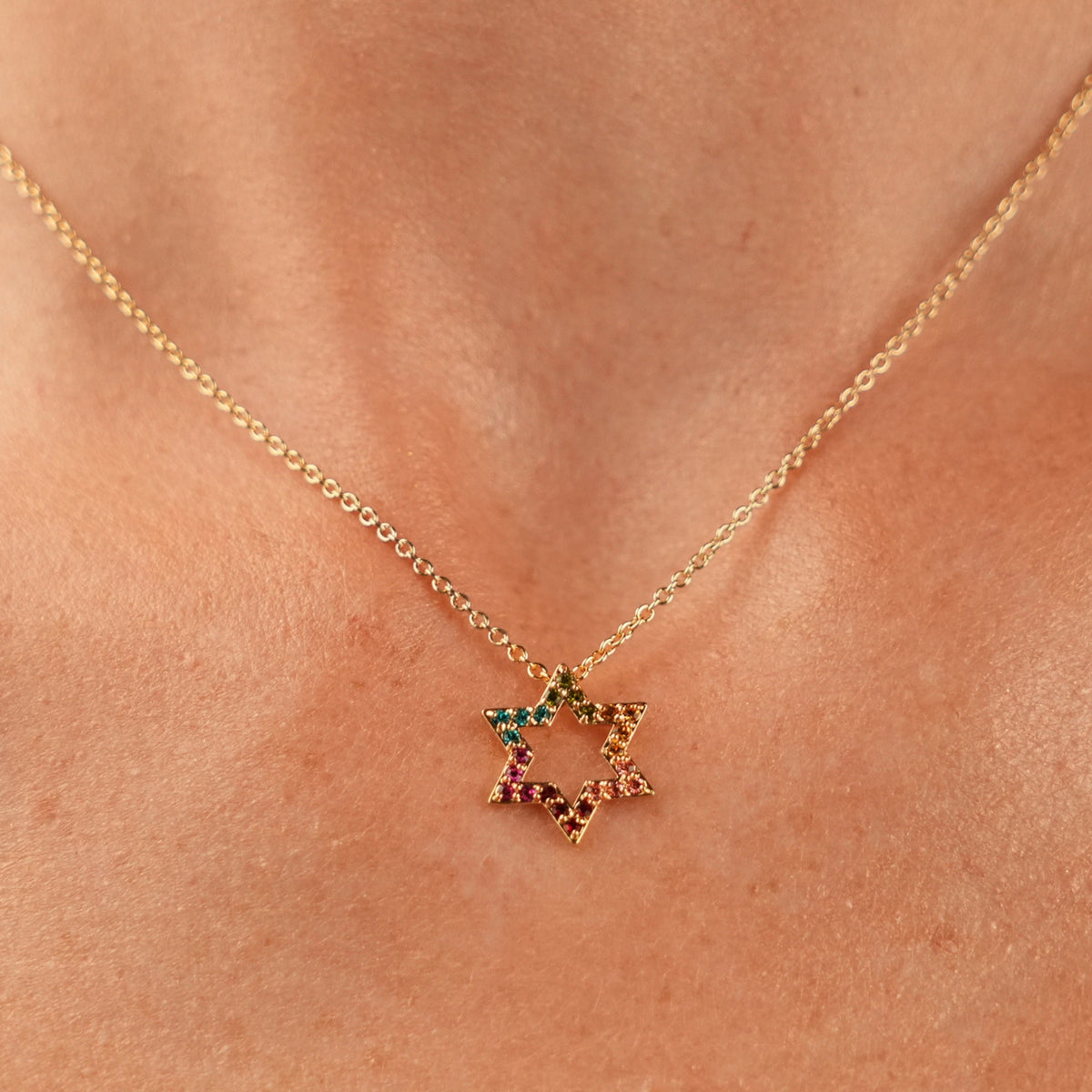 18K Gold Plated Star of David Necklace with Colorful Zirconia Stones - 5