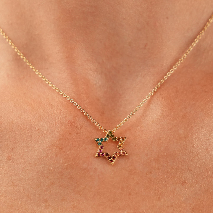 18K Gold Plated Star of David Necklace with Colorful Zirconia Stones - 5