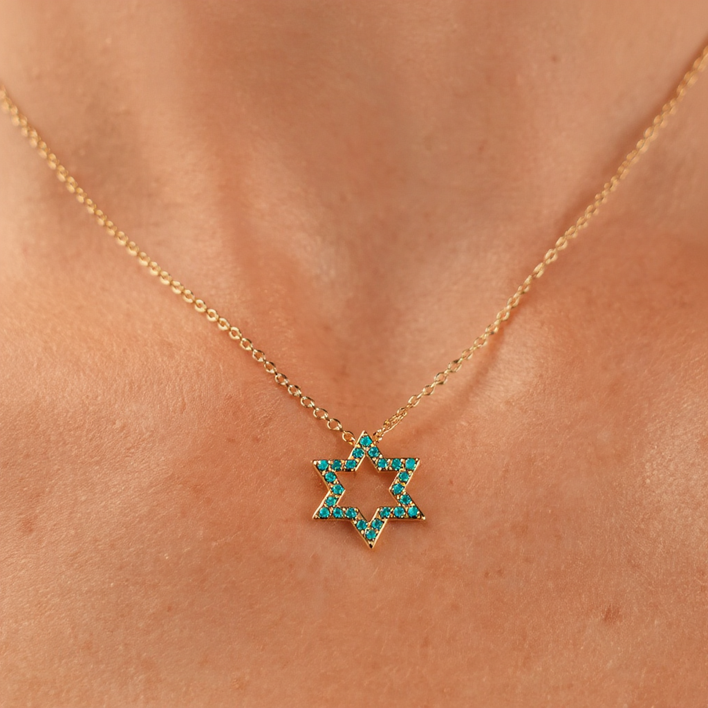 18K Gold Plated Star of David Necklace with Blue Zirconia Stones - 4