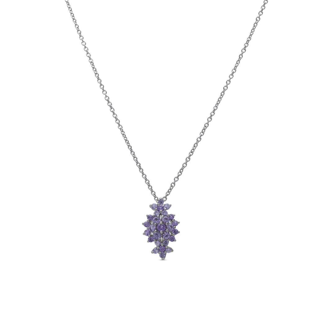 A floral rhombus necklace studded with purple crystal stones